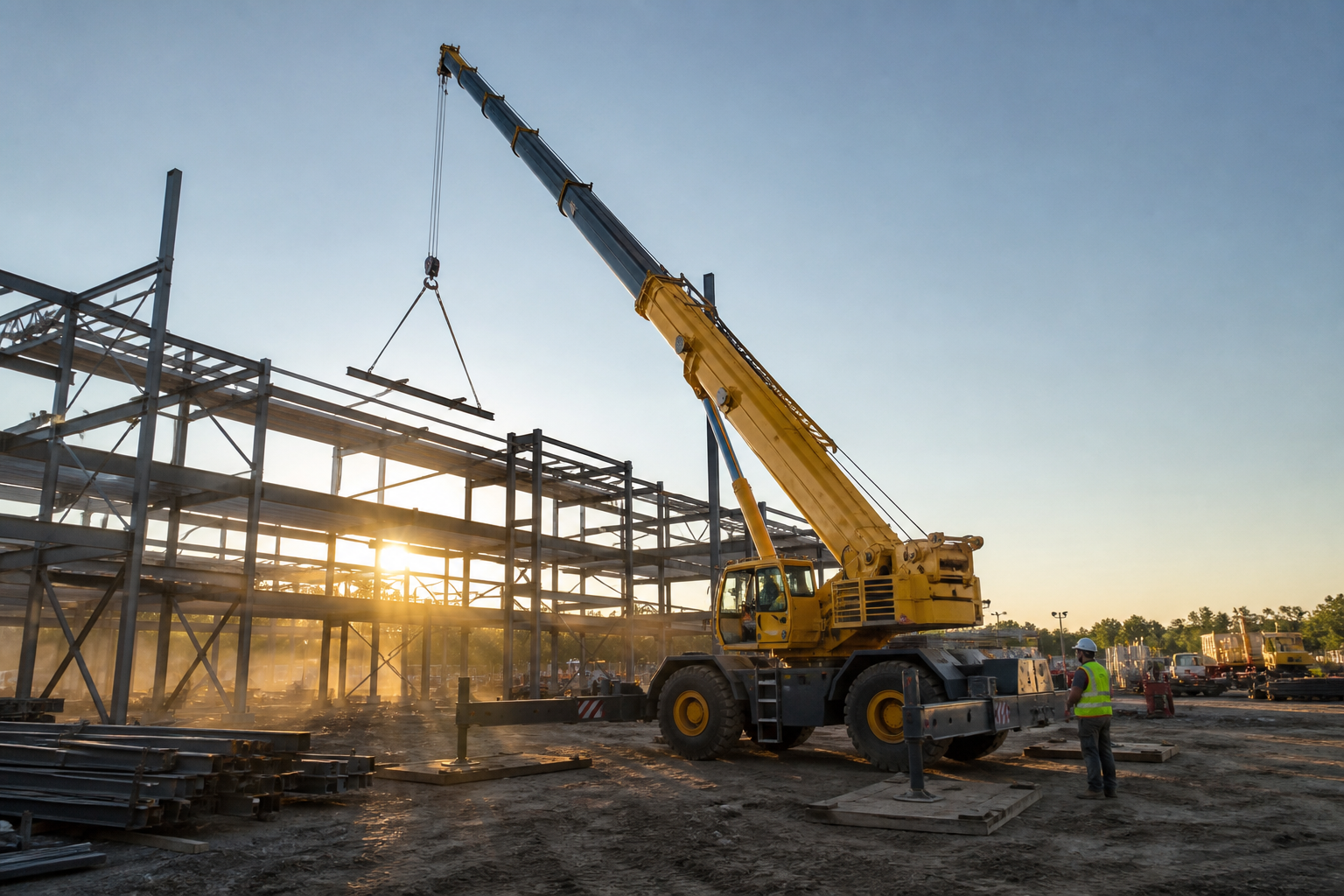 Telescopic crane on a construction jobsite